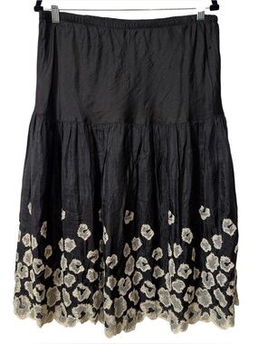 Black Embroidered Midi Skirt Boho Cottagecore Whimsigoth Elastic L